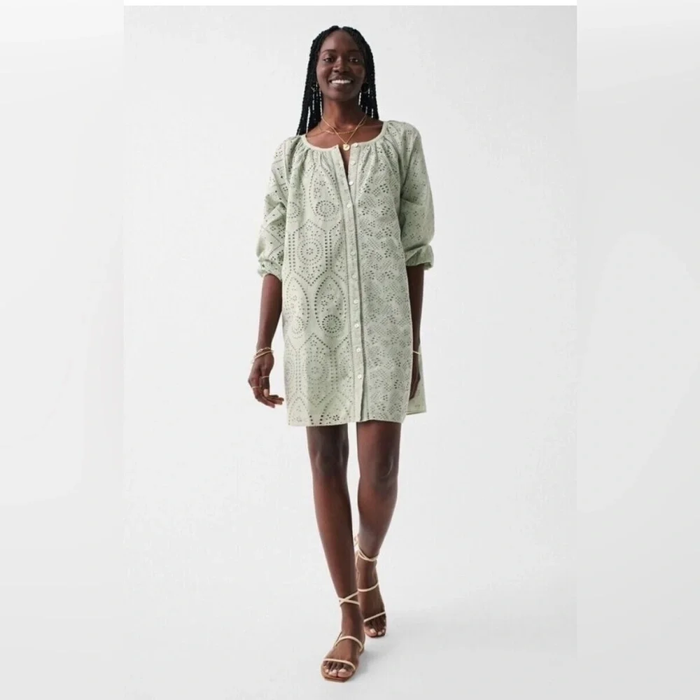 Faherty Valencia sage green organic cotton eyelet dress size XXS